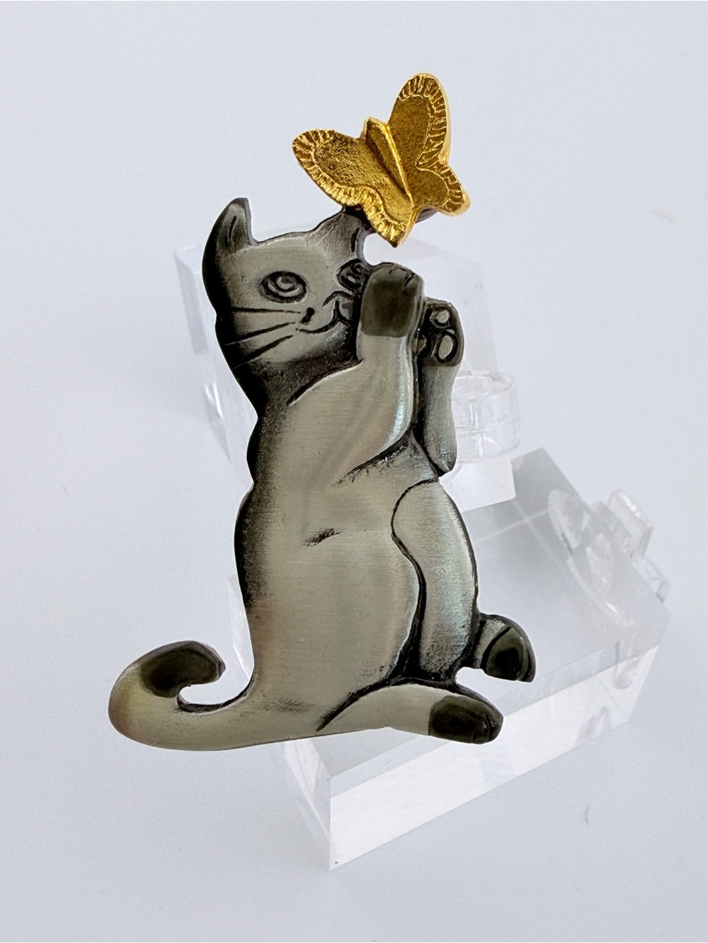 Vintage Mark Shields Pewter Cat & Gold Butterfly Brooch Pin Signed